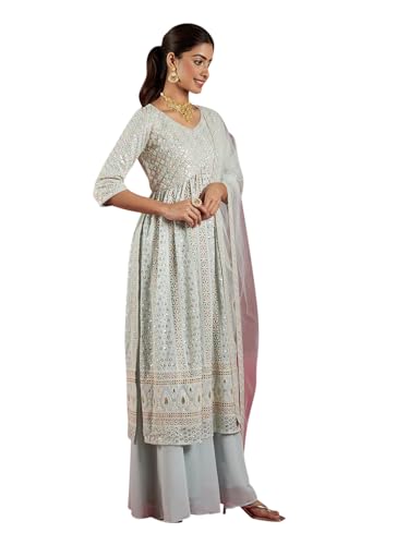 Image of Libas Art Womens Embroidered Georgette A Line Kurta With Palazzos and Dupatta | ethnic wear | bridal suit | wedding dress | occasion wear