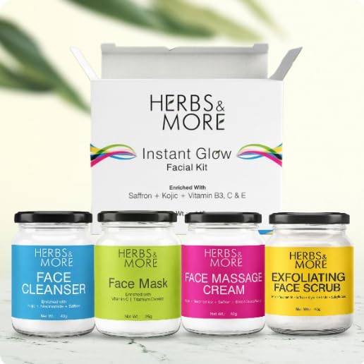 Herbs & More Instant Glow Facial Kit, Enriched with Saffron, Kojic, Vitamin B3, C & E, Includes Cleanser, Face EMask, Massage Cream, Exfoliating Scrub