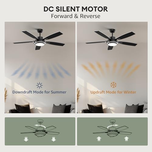 Size 52 Color Black Ceiling Fans with Lights and Remote Control, Ceiling Fan for Bedroom Living Room and Patio, Medium Modern Black Ceiling Fan for Indoor and Outdoor