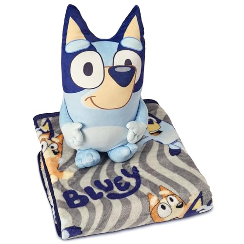 Bluey Fun Hugger Pillow and Throw Blanket Set 11 inch Character Plush with 40x50 inch Soft Fleece Blanket Cozy for Kids Girls Boys Travel Nap Time
