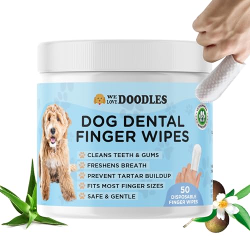 We Love Doodles Dog Teeth Cleaning Wipes - Pet Dental Finger Wipes for Dogs - Cleans Teeth and Gums, Freshens Breath Dog Dental Wipes, Prevents Tartar Buildup, Fits Most Finger Sizes (50 Pieces)