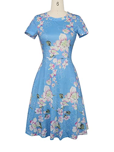 Image of oxiuly Women Casual Dress Round Neck Soft Cotton Floral A-Line Midi Summer Dresses with Pockets OX262