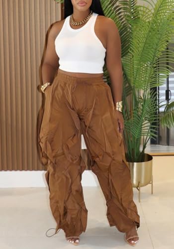 Image of Lucuna Women Balloon Pants Ruffle Fringe Drawstring High Waist Wide Leg Baggy Joggers Parachute Pants