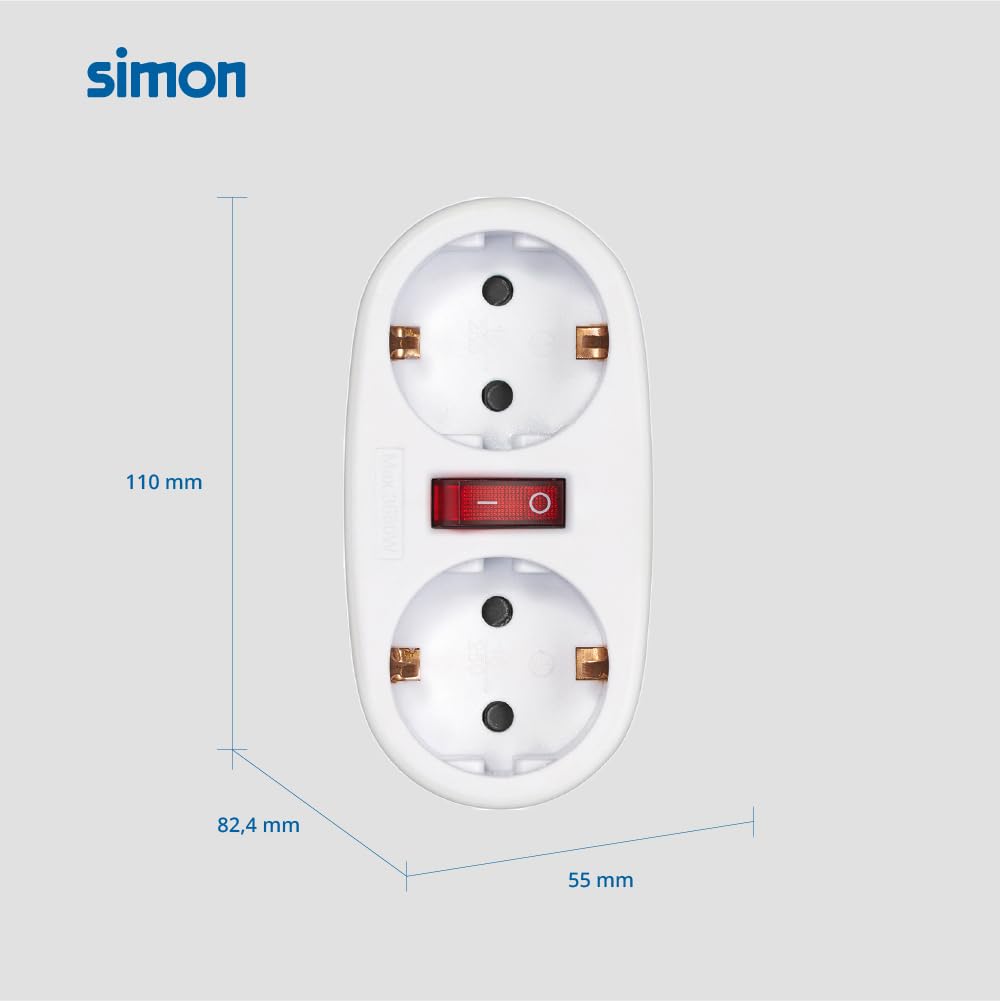 SIMON Adaptador con Interruptor 2 Tomas Frontales 16A 250V 3680W Enchufe Múltiple Compacto Blanco