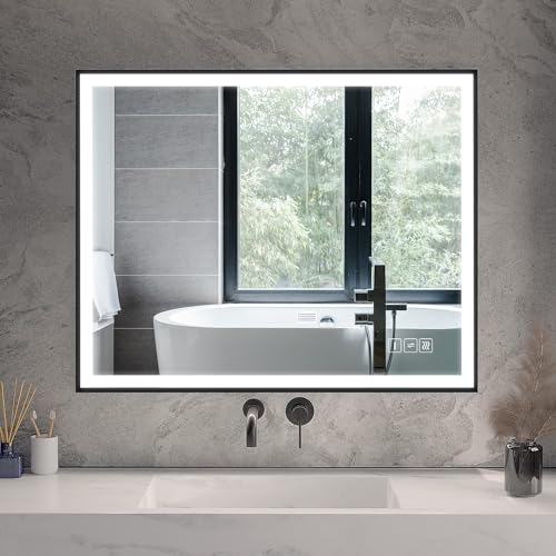 HAUSCHEN HOME Led Lighted Bathroom Mirror,40x28 inch Black Framed Front Lit Wall Mounted Makeup Vanity Décor Illuminated Mirror,Anti-Fog,3 Colors,Dimmable,CRI95,Horizonal & Vertical,ETL Listed