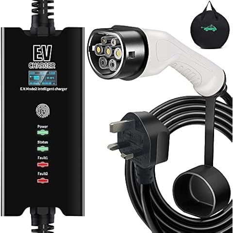 8~13A Adjustable, 5M Cable, EV Charger Type 2 UK 3 Pin, Portable Electric Car Charger with Digital Screen, IP55 Water Proof, Type 2 EV Charging with bag(IEC 62196-2 Type 2 Female) Cover
