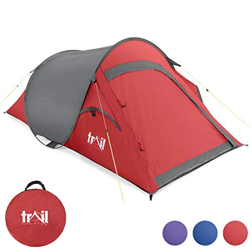 2 Person Pop Up Tent, Lightweight 2 Man Festival Camping Tent, Easy & Fast To Pitch, Water Resistant, 1500m Hydrostatic Head, Compact Carry Bag, L216cm x W118cm x H90cm, Trail
