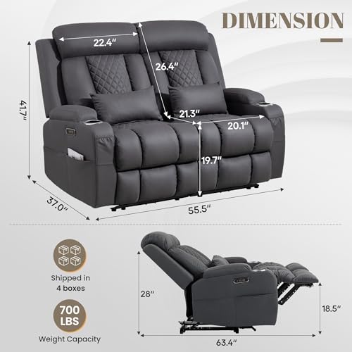 Image of Zero Wall Hugger Power Reclining Loveseat with Adjustable Headrest, Power Loveseat Recliner Sofa with USB&Type-C Ports, Wall Hugger Reclining Loveseat for Living Room (Gray, 2 Seater)