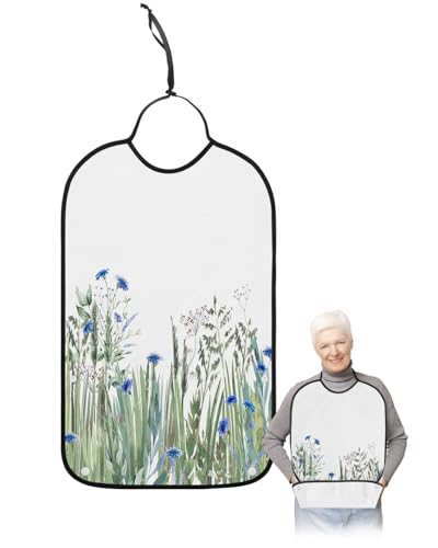 LEOKOTI Green Blue Botanical Adult Bibs for Eating, Waterproof Bibs with Food Catcher & Adjustable Snap Closure, Watercolor Spring Floral Washable Clothing Protectors Adult Bibs for Elderly