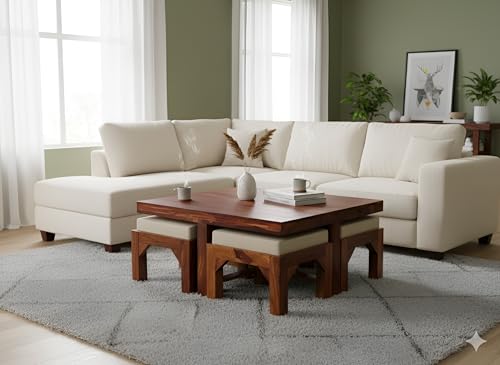 Image of Loonart Solid Sheesham Wood Coffee Table with Four Cushioned Stools | Idel for Living Room | Cafe | Restaurant | Space Saving Indoor Table Set | Finish Color - Honey Teak Finish | White Cushion |
