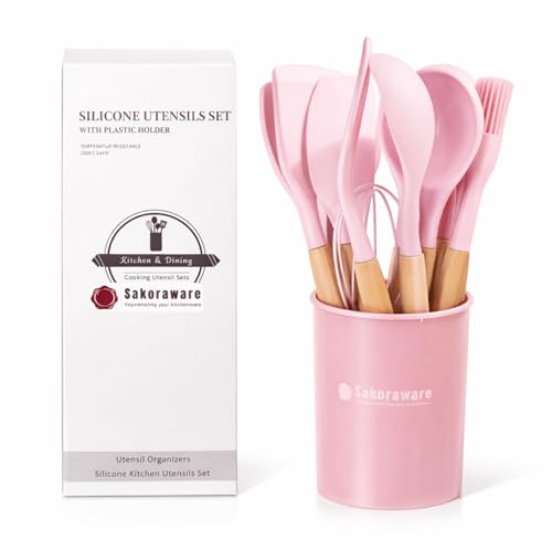 Image of Sakoraware Silicone Kitchen Utensils Spoon Spatula Cooking 12 Pcs Set | Baking Set | Non-Stick with Wooden Handle- BPA Free, Heat Resistant Item Flexible Non Toxic Silicon Cookware Tools with Holder