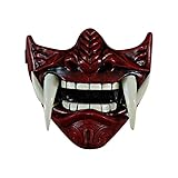 Foughi Samurai Mask Japanese Oni Mask Hannya for Halloween,Half Face Demon Mask,NOH Kabuki Prajna Devil Half Face Mask Cosplay (Red Plastic