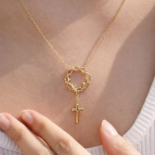 Image of Crown of Grace Cross Necklace for Women - 18K Gold Plated Christian Jesus Crucifix Pendant | 1 Micron Thickness