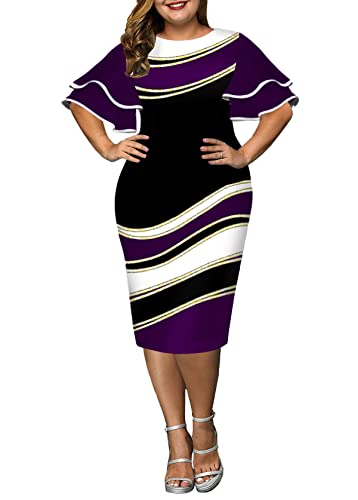 Women's Plus Size Bodycon Pencil Dress Ruffle Half Sleeve Colorblock Office Wear To Work Sheath Dresses Purple L #TOP1