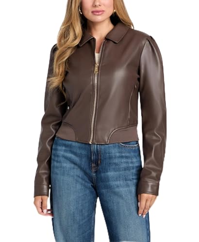 Guess Womens Fancy Zipped Faux Leather Biker Jacket, Chocolate Brownie, Large
