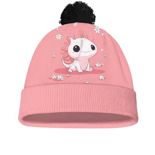 Uppodwarkid Boys Winter Hat Axolotl Beanie for Kids Pom pom for Hats Graphic Beanie with Animal Soft Cold Cap Funny Hat Double Layers for Outdoor Sport Winter Fall Spring