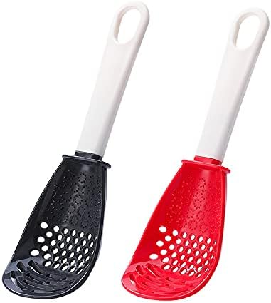 2PCS Multifunctional Kitchen Cooking Spoon, Skimmer Scoop Slotted Spoon Colander Strainer Grater Masher, for Draining, Mashing, Grinding, Garlic Press Crusher (Black and Red)