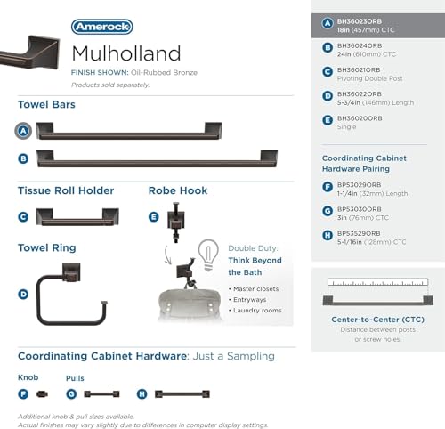 Image of Amerock Mulholland 18 inch Oil-Rubbed Bronze Towel Bar | Decorative bathroom hardware in durable Zinc /Stainless Steel construction; mounting hardware included for easy installation