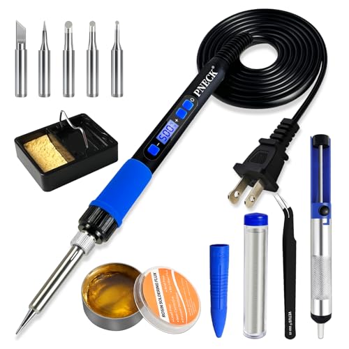PNECK Soldering Iron Kit, 80W Soldering Iron Pen with Adjustable Temperature, LCD Display, ON/OFF Switch, 5 Tips, Solder Wire, Stand with Sponge, Pump, Paste, Tweezer, Blue