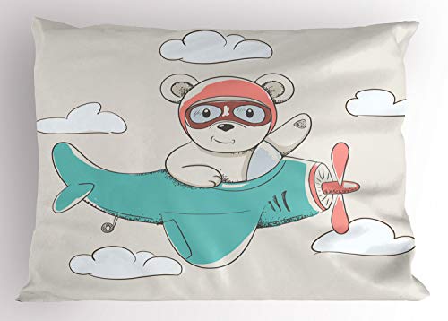 Ambesonne Adventure Cartoon Pillow Sham, Bear Flying in The Sky Among The Clouds on Biplane, Decorative Standard Size Printed Pillowcase, 26