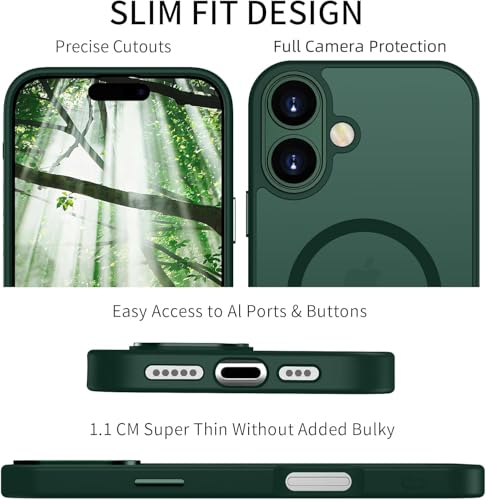 Image of VONZEE Magnetic Case Compatible with iPhone 17, MagSafe Compatible Translucent Matte Shockproof Protective Phone Cover Full Camera Protection, Slim Anti-Scratch Back Case for Men & Women, Forest Green