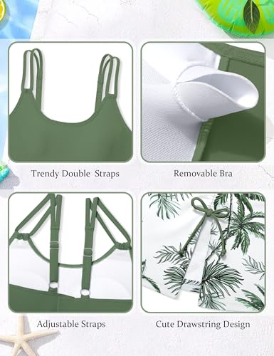 Image of Girls Swimsuit Tropical 3 Piece Tankini Adjustable Strap Bathing Suit Solid Modest Swimwear with Drastring Skirt 9-16y