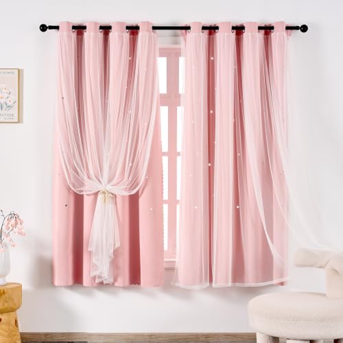 Image of indistar Star Cutout Kids Window Blackout Curtains for Girl Bedroom Window Room Darkening Curtains & Drapes Baby Nursery Curtains (2 Panel,52Wx45L inch,Blush Pink)