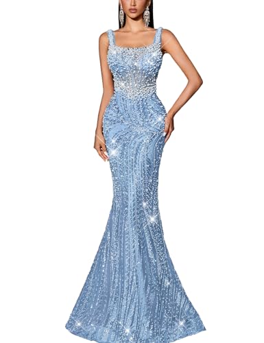 VOUIAO Women's Square Neck Sequin Beaded Mermaid Formal Evening Dress Spaghetti Strap Bodycon Prom Party Cocktail Maxi Gown Light Blue S