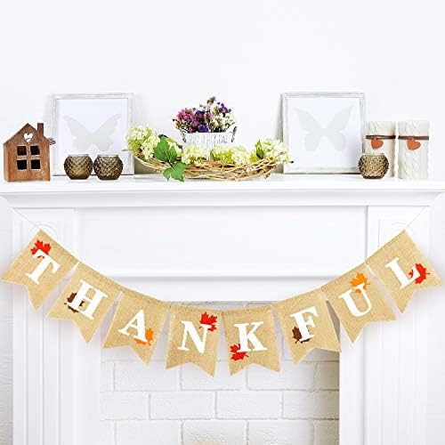 Whaline Fall Banner Thankful Maple Leaves Burlap Banner Autumn Harvest Home Decor Bunting Flag Garland Thanksgiving Day Party Decoration