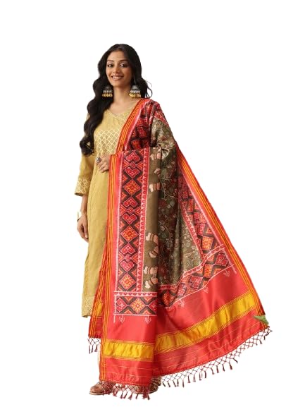 Image of Kalamkari Patola Dupatta Digital Printed With Handmade Tassels