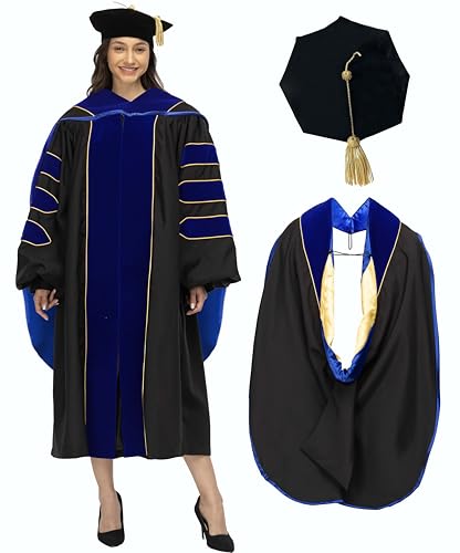 Yotopzy Unisex Deluxe Doctoral Graduation Gown Doctoral Hood and Tam 8 Sided Package