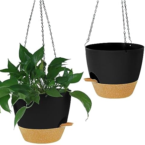 mossFlos 10 Inch Hanging Planters, 2 Pack Hanging Plant pots for Indoor Outdoor, Self Watering Pots with Drainage Holes, Hanging Baskets Holder Plants with Removable Tray for Garden Home(Black) Cover