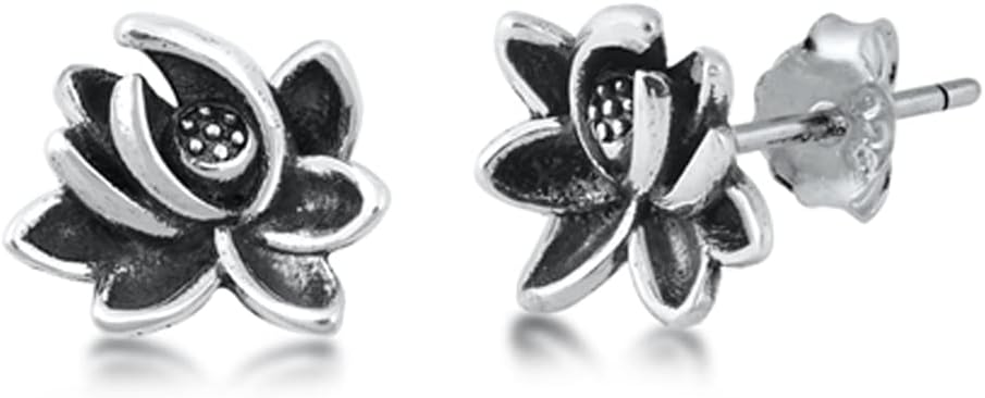 Sterling Silver Lotus Flower Bloom Nature Beautiful Garden Oxidized Earrings 925