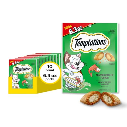 Image of Temptations Cat Treats, Classic Crunchy and Soft Cat Treats, Seafood Medley Flavor, 6.3 oz. Pouch (Pack of 10)