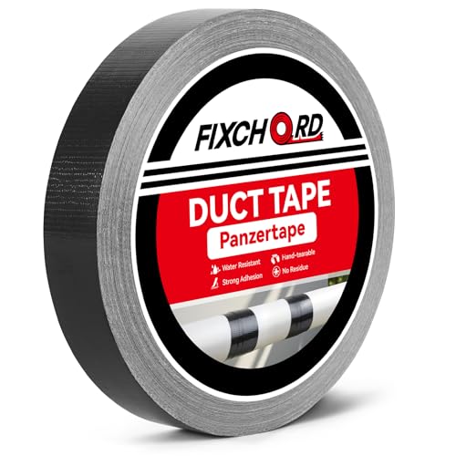 FIXCHORD Cinta adhesiva de tela, 25mm×50m Gaffer Tape Impermeable, Cinta Adhesiva extrafuerte, Cinta Multiusos Versátil para Reparar, Reforzar, Agrupar, Sellar, Interior/Exterior, Negro