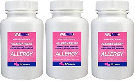 ValMed Allergy Relief Antihistamine Diphenhydramine HCl 25mg 3 Pack Total 108 Tablets- Relieves Itchy Eyes Sneezing Runny Nose - Indoor & Outdoor Allergies