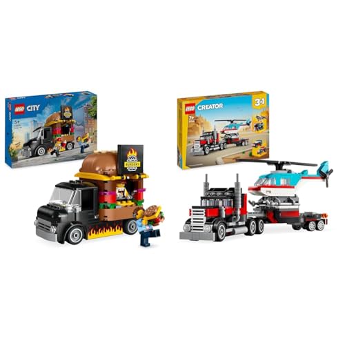 LEGO City Burger-Truck, Bauset mit Spielzeug-Auto für 5-jährige Kinder & Creator 3in1 Tieflader mit Hubschrauber, Fahrzeuge-Set mit Helikopter- und LKW-Spielzeug