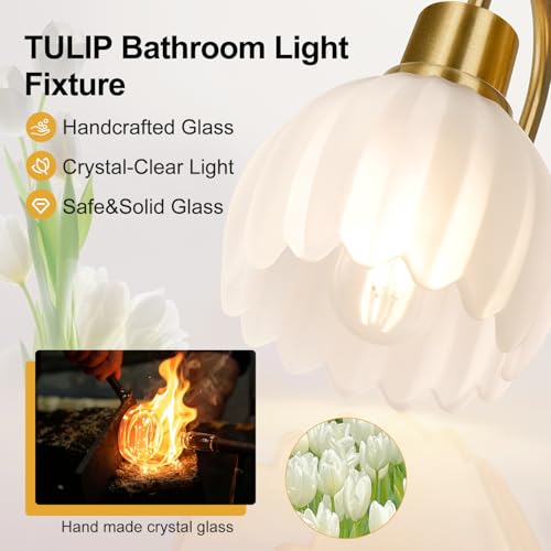 Image of 3-Light Bathroom Vanity Light, 20 inch Brushed Gold Bathroom Light Fixtures with Ribbed Frosted Clear Tulip Glass Shade, Vanity Lighting Fixtures Over Mirror for Bedroom Living Room Hallway