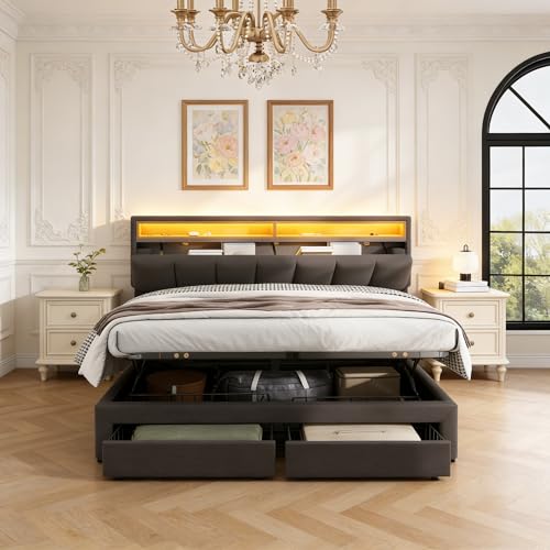 FEEOHOME - Lit Double rembourré 160 x 200 cm, lit coffre avec sommier et LED, Lit capitonné avec grand espace de rangement et 2 Tiroirs, Cadre de lits avec sommier à Lattes pour Adulte Adolescent (160x200)