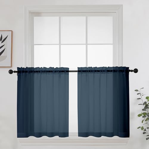 Image of OWENIE Short Sheer Curtains 24 Inches Long 2 Panels for Bathroom Window, Rod Pocket Light Filtering Sheer Tier Curtains for Small Kitchen Laundry Room, RV, Camper Travel Trailers, 42W x 24L, Navy