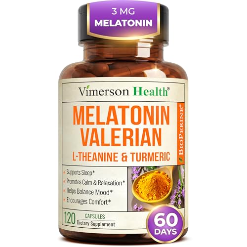 Melatonin 3mg Sleep Aid with L-Theanine & Valerian Root – Turmeric Curcumin Supplement with Ginger & Black Pepper – Organic Turmeric Supplement for Sleep, Calm and Stress Relief Support – 120 Capsules