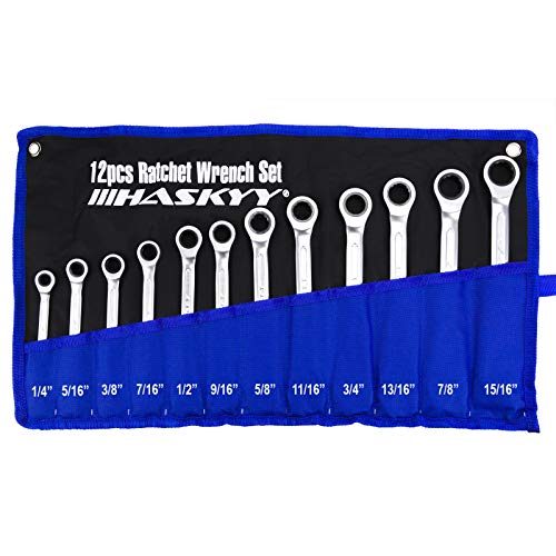 HASKYY - 12tlg-Zoll-Ratschenschlüssel-Satz-Set I 1/4-15/16 I Ringmaul Gabelschlüssel Ratschen Schlüssel INCH