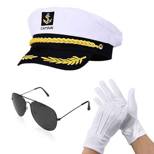 SAIIURV 3 peças chapéu de capitão, boné ajustável de marinheiro, acessórios de vestir de capitão Sailor Hat, luvas, óculos de sol, boné de capitão para festas em iates e jogos de RPG (branco)
