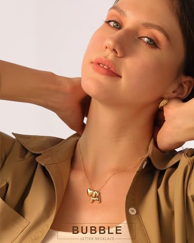 Heart Letter Necklace, 14k Gold Plated Initial Dainty Necklace for Women, Chunky Bubble Balloon Charm Pendant Name Personalized Jewelry Gift2