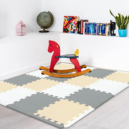 Yostrong® 16 Tiles Interlocking Puzzle Foam Baby Play Mat With Straight Edges For Playing - Eva Babies Crawling Mat | Rubber Floor Work Out Mats For Home Gym. White, Beige, Gray. Yoc-Ajlb16S16 #TOP3