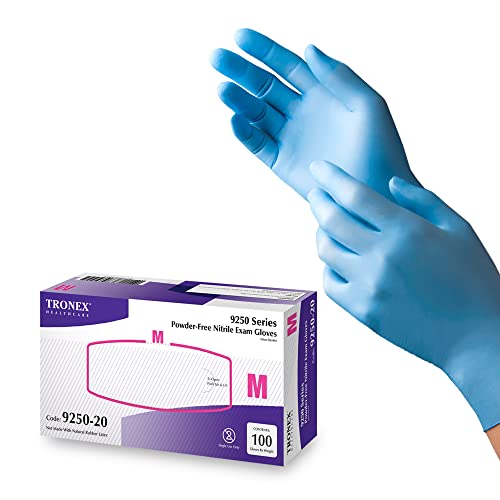 TRONEX 9250 Nitrile Disposable Gloves, Medical Grade Exam Glove, Food Preparation,Beauty, Tattoo, Fingertip Textured, Latex Free, Powder Free, Blue, Medium, Box of 100