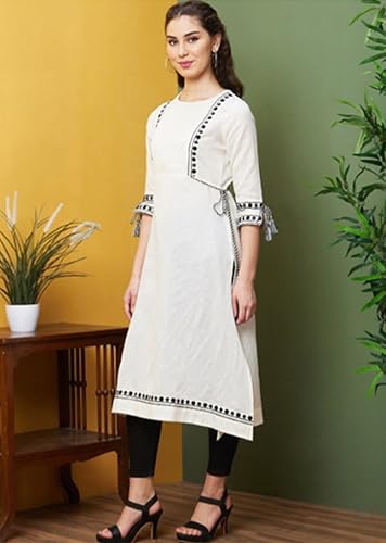 Image of TRENDMALLS Women's Cotton Embroidery Kurti 3 /4 Sleeve Calf Length Stright Kurti for Women