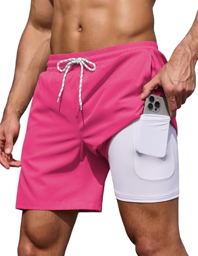 COOFANDY Mens 7 Swim Trunks with Compression Liner Stretch Swimming Shorts with Zipper Pockets 2026 Hot Pink Red Rose