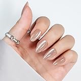 Cat Eye Press On Nails- Jofay Fashion Press On Nails Christmas Almond for Gifts, Nude Short Stick On Nails with Glue, Glossy Reusable Nail Tips in 16 Sizes - 32 Soft Gel Fake Nails Kit, Nude Cat Eye