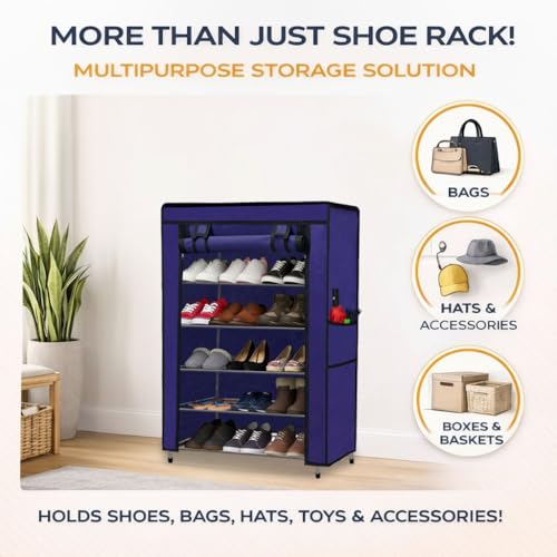 Image of Metal Shoe Stand with Cover, 5 Tier Shoe Organizer for Home & Office - Blue